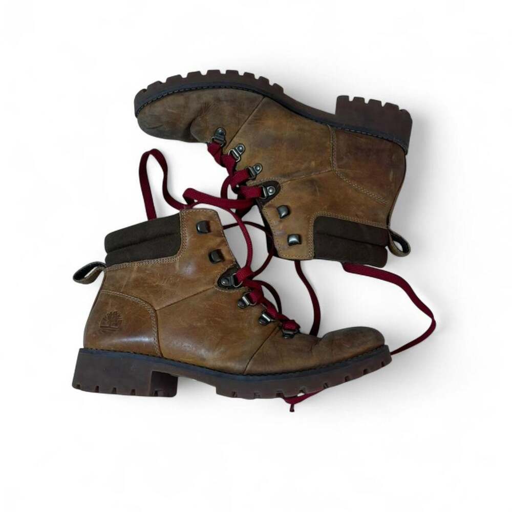 Timberland Leather Boots Ortholite Brown w Red Laces Outdoors Hiking Women's 7.5